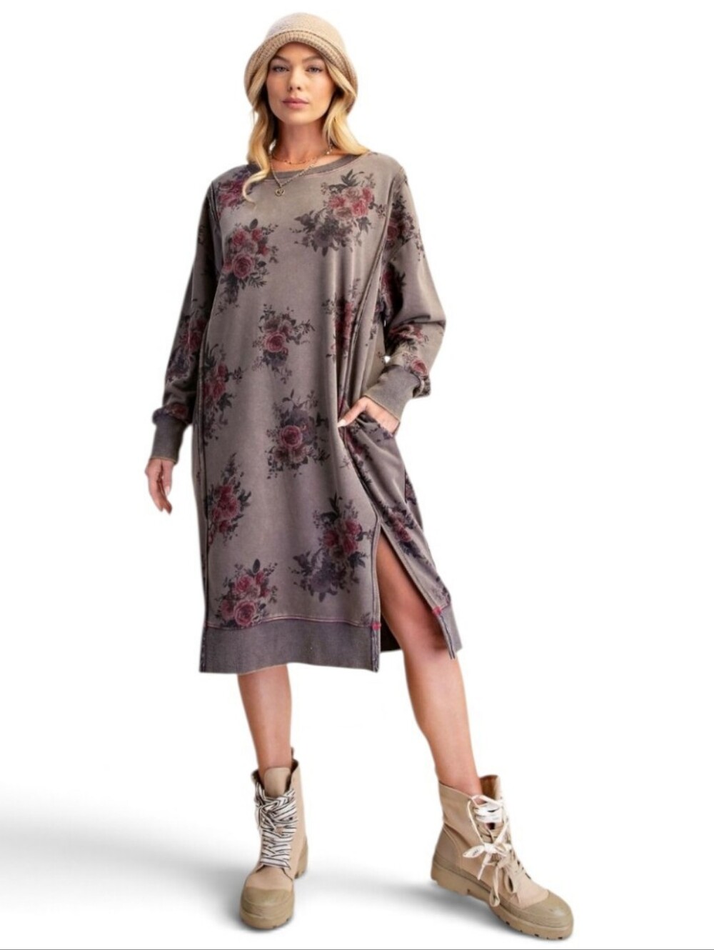 Easel Floral Pullover Long Sleeve Dress Ash NWT